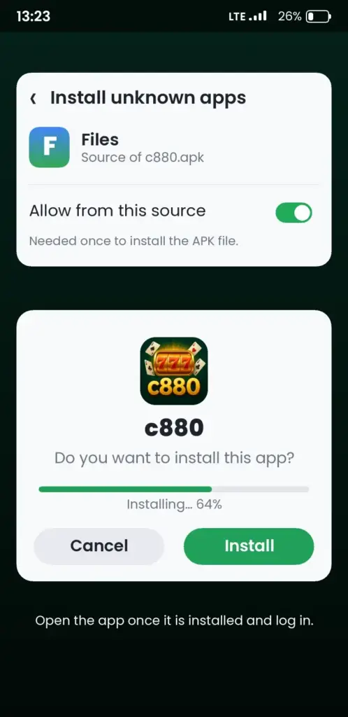 c880 APK install screen on Android – allow unknown apps and tap Install