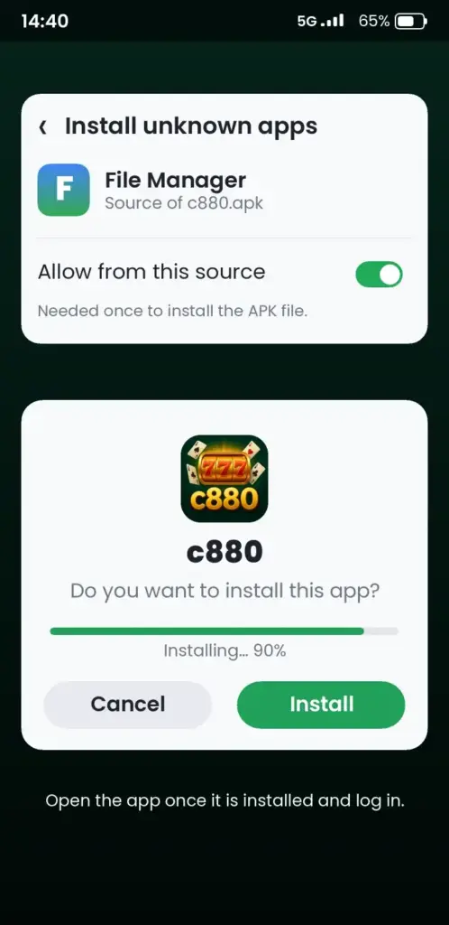 c880 APK install screen on Android – allow unknown apps and tap Install