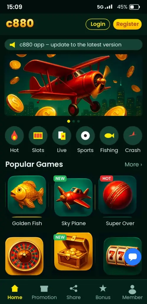 c880 app game lobby with slots, live casino and crash games