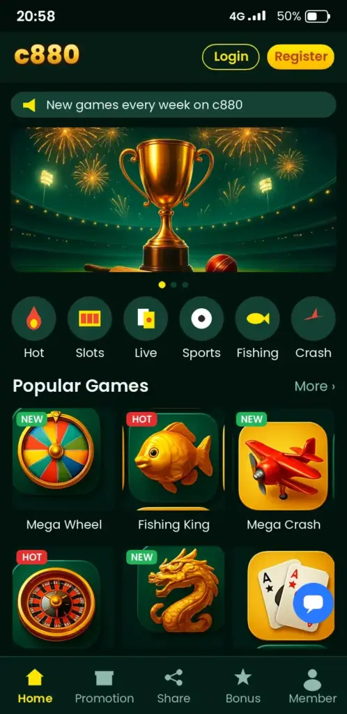 c880 app game lobby with slots, live casino and crash games