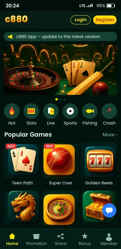 c880 app game lobby with slots, live casino and crash games