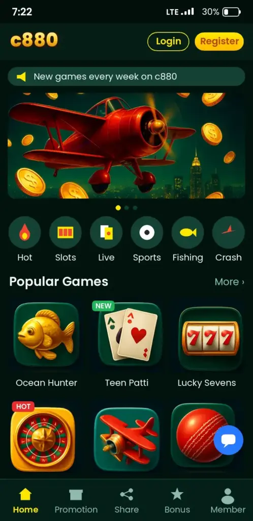 C880 Slots – app game lobby with slots, live casino and crash games