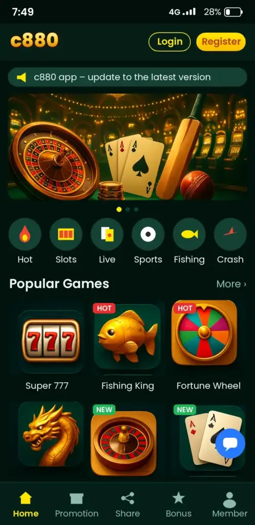 c880 app game lobby with slots, live casino and crash games