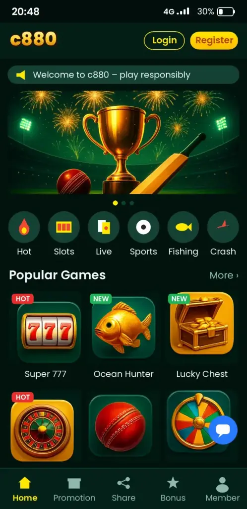 c880 app game lobby with slots, live casino and crash games
