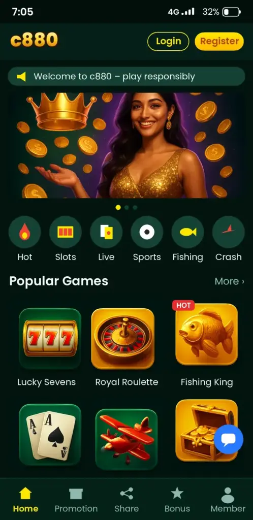 c880 app game lobby with slots, live casino and crash games