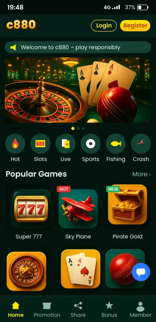 c880 app game lobby with slots, live casino and crash games