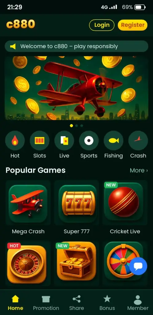 c880 app game lobby with slots, live casino and crash games