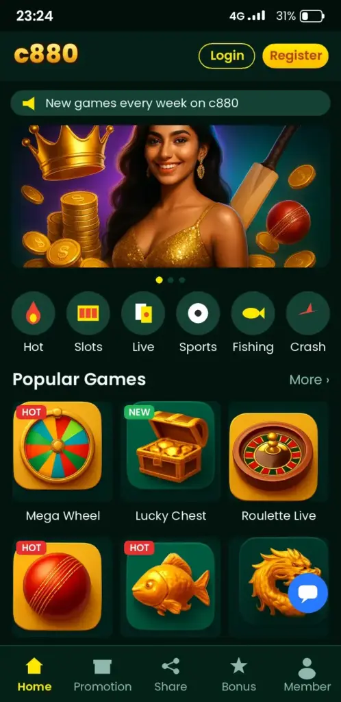 C880 Casino Games – app game lobby with slots, live casino and crash games
