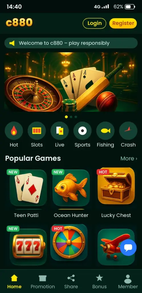 c880 app game lobby with slots, live casino and crash games